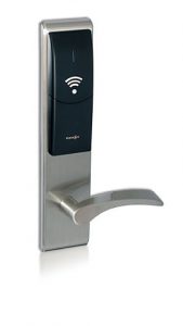 A keycard lock, commonly found on commercial buildings and hotel rooms
